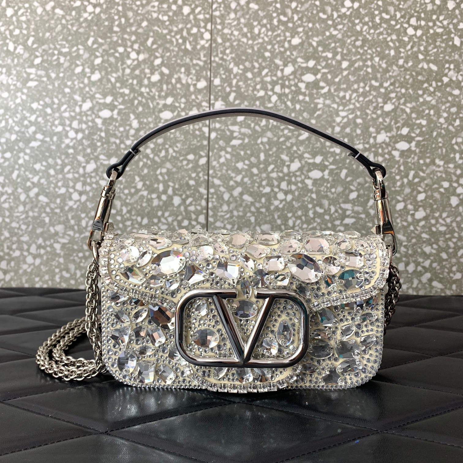 Valentino Garavani Loco Small Shoulder Bag Covered in White Crystals